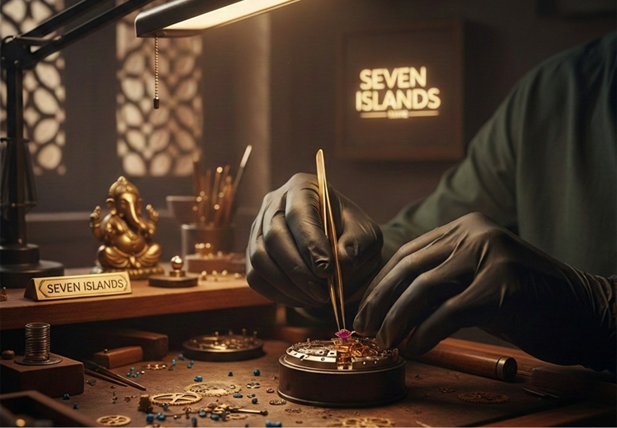 Seven Islands philosophy art; Luxury watch craftsmanship; Premium automatic movement detail; Heritage design close-up; Indian cultural watch inspiration; Craftsmanship quality symbol